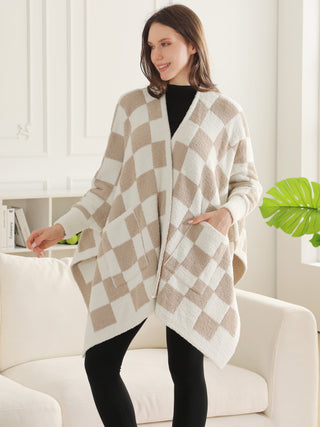 Checkered Pattern Luxury Soft Wearable Blanket Ruana W/ Front Pockets