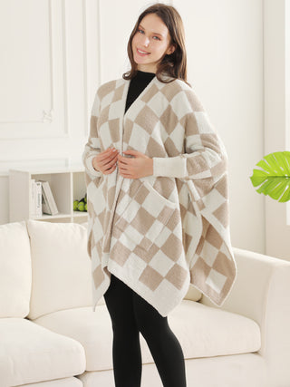 Checkered Pattern Luxury Soft Wearable Blanket Ruana W/ Front Pockets