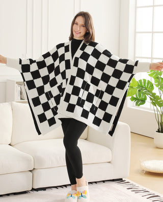 Checkered Pattern Luxury Soft Wearable Blanket Ruana W/ Front Pockets