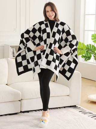 Checkered Pattern Luxury Soft Wearable Blanket Ruana W/ Front Pockets