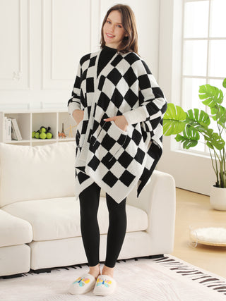 Checkered Pattern Luxury Soft Wearable Blanket Ruana W/ Front Pockets