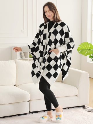 Checkered Pattern Luxury Soft Wearable Blanket Ruana W/ Front Pockets