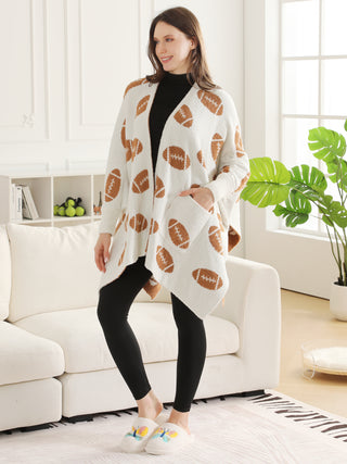Sports Pattern Luxury Soft Wearable Blanket Ruana W/ Front Pockets