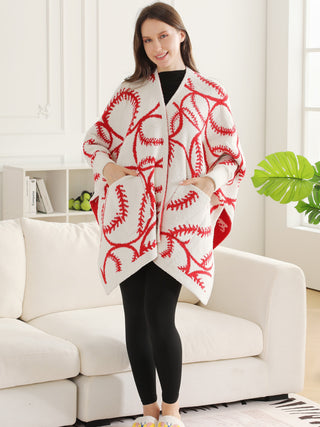 Sports Pattern Luxury Soft Wearable Blanket Ruana W/ Front Pockets