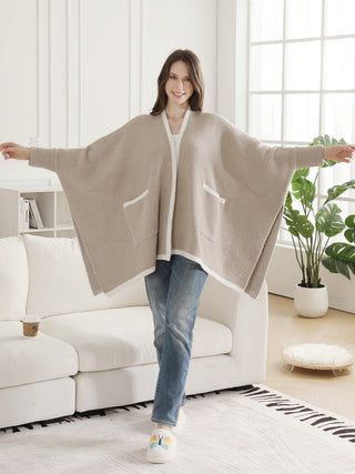 Solid Color w/ Colored Edges Pattern Luxury Soft Wearable Blanket Ruana W/ Front Pockets