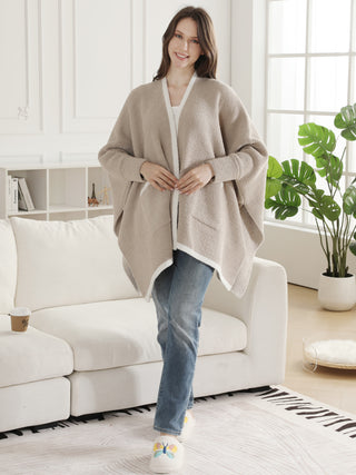 Solid Color w/ Colored Edges Pattern Luxury Soft Wearable Blanket Ruana W/ Front Pockets