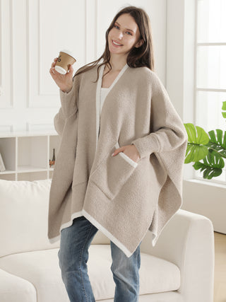 Solid Color w/ Colored Edges Pattern Luxury Soft Wearable Blanket Ruana W/ Front Pockets