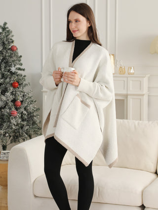Solid Color w/ Colored Edges Pattern Luxury Soft Wearable Blanket Ruana W/ Front Pockets