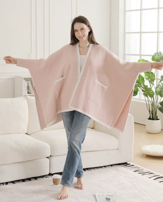 Solid Color w/ Colored Edges Pattern Luxury Soft Wearable Blanket Ruana W/ Front Pockets