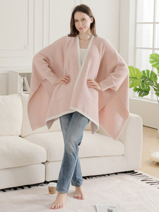 Solid Color w/ Colored Edges Pattern Luxury Soft Wearable Blanket Ruana W/ Front Pockets