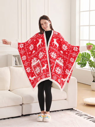 Christmas Themed Pattern Luxury Soft Wearable Blanket Ruana W/ Front Pockets