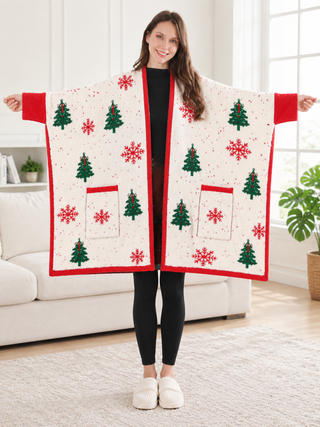 Christmas Themed Pattern Luxury Soft Wearable Blanket Ruana W/ Front Pockets