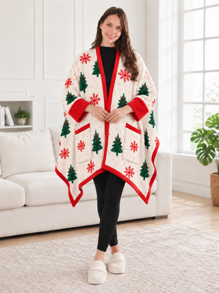 Christmas Themed Pattern Luxury Soft Wearable Blanket Ruana W/ Front Pockets