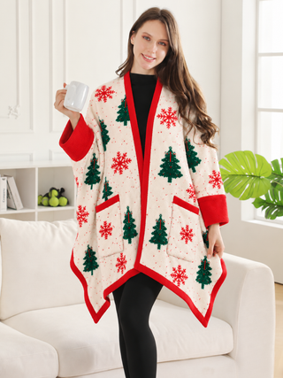 Christmas Themed Pattern Luxury Soft Wearable Blanket Ruana W/ Front Pockets