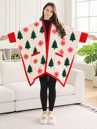 Christmas Themed Pattern Luxury Soft Wearable Blanket Ruana W/ Front Pockets