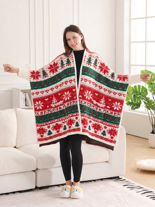 Christmas Themed Pattern Luxury Soft Wearable Blanket Ruana W/ Front Pockets