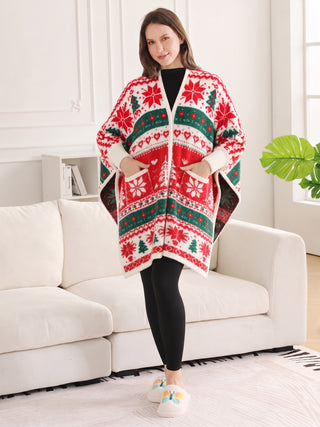 Christmas Themed Pattern Luxury Soft Wearable Blanket Ruana W/ Front Pockets