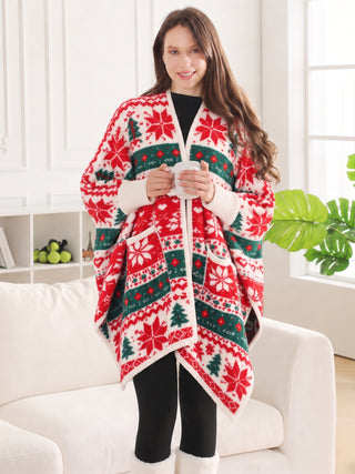 Christmas Themed Pattern Luxury Soft Wearable Blanket Ruana W/ Front Pockets