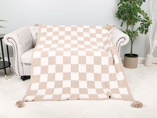 Checkered Pattern Luxury Soft Throw Blanket w/ Tassels
