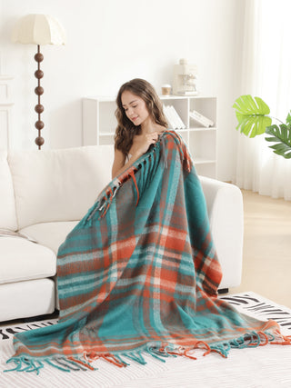 Plaid Pattern Luxury Soft Throw Blanket w/ Fringe