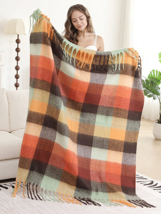 Plaid Pattern Luxury Soft Throw Blanket w/ Fringe