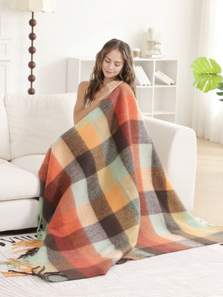 Plaid Pattern Luxury Soft Throw Blanket w/ Fringe