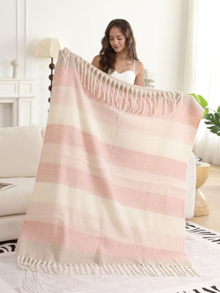 Striped Pattern Luxury Soft Throw Blanket w/ Fringe