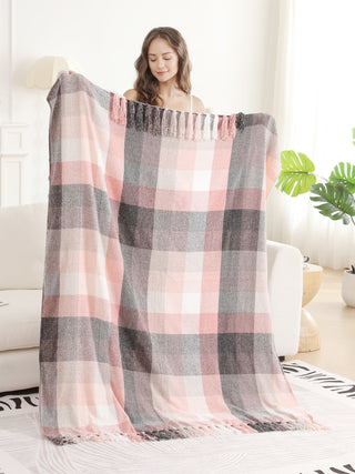Checkered Pattern Luxury Soft Throw Blanket w/ Fringe