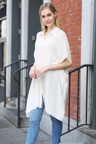 Solid Color Oversized Short Sleeve Long Shirt W/ Buttons
