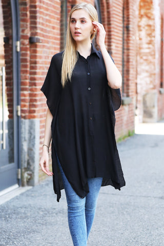 Solid Color Oversized Short Sleeve Long Shirt W/ Buttons
