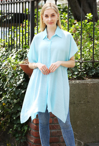 Solid Color Oversized Short Sleeve Long Shirt W/ Buttons