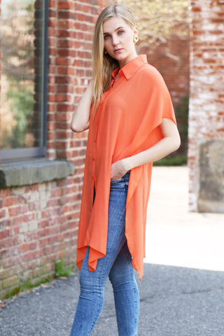 Solid Color Oversized Short Sleeve Long Shirt W/ Buttons