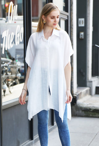 Solid Color Oversized Short Sleeve Long Shirt W/ Buttons