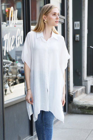 Solid Color Oversized Short Sleeve Long Shirt W/ Buttons