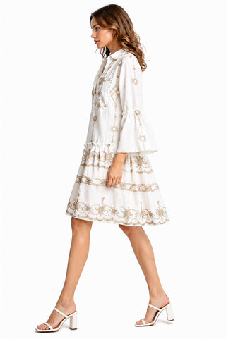 Floral Pattern Embroidered Dress W/ Buttons, Tasseled String, & Buttons