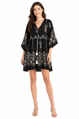 Boho Floral Pattern Embroidered Dress W/ Tassseled String