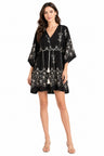 Boho Floral Pattern Embroidered Dress W/ Tassseled String