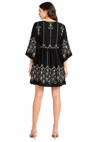 Boho Floral Pattern Embroidered Dress W/ Tassseled String