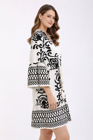 Boho Tribal Pattern Dress W/ Tasseled String
