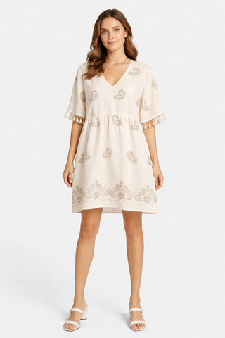 Paisley Pattern Embroidered Cover-Up Dress W/ Tassels