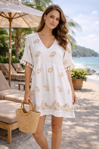 Paisley Pattern Embroidered Cover-Up Dress W/ Tassels