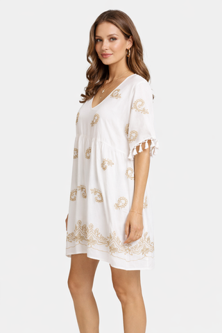 Paisley Pattern Embroidered Cover-Up Dress W/ Tassels