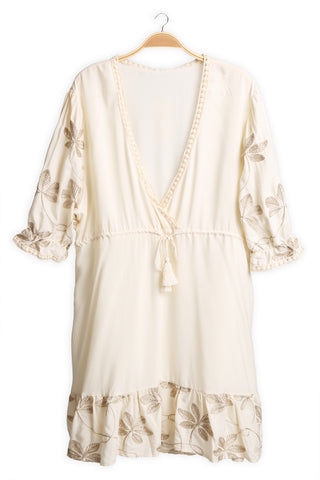 Leaves Pattern Embroidered Cover-Up Dress W/ Tasseled String