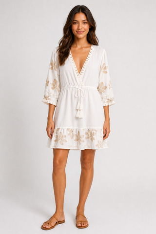 Leaves Pattern Embroidered Cover-Up Dress W/ Tasseled String