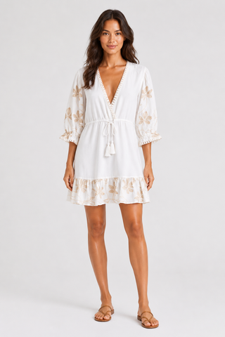 Leaves Pattern Embroidered Cover-Up Dress W/ Tasseled String