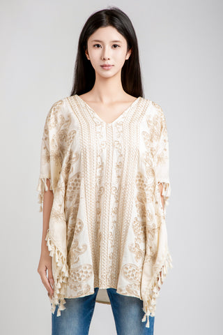 Paisley & Floral Embroidered Poncho W/ Tassels