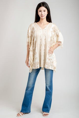 Paisley & Floral Embroidered Poncho W/ Tassels