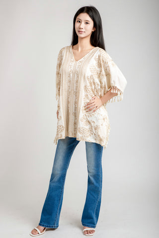 Paisley & Floral Embroidered Poncho W/ Tassels