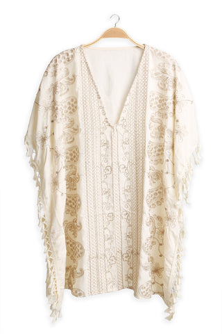 Paisley & Floral Pattern Embroidered Poncho W/ Tassels