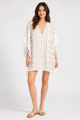 Paisley & Floral Pattern Embroidered Poncho W/ Tassels